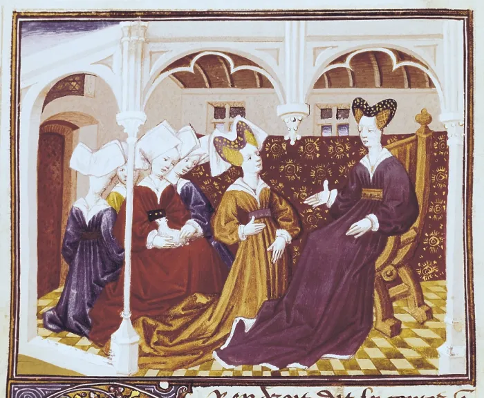 Framed Print : Romance of Tristan and Iseult. Iseult surrounded by her maids. Gothic art. Miniature Painting. FRANCE. Chantilly. Musee Conde (Conde Museum) Framed Print : Romance of Tristan and Iseult. Iseult surrounded by her maids. Gothic art. Miniature Painting. FRANCE. Chantilly. Musee Conde (Conde Museum)