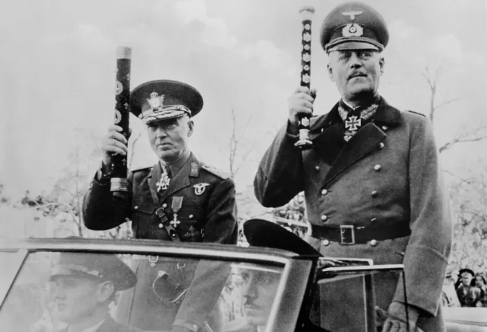Framed Print : Romanian leader, Ion Antonescu, and Field Marshal Wilhelm Keitel in a victory parade in Bucharest. Late 1941, celebrating the fall of besieged Odessa after 73 days, in Oct. 1941