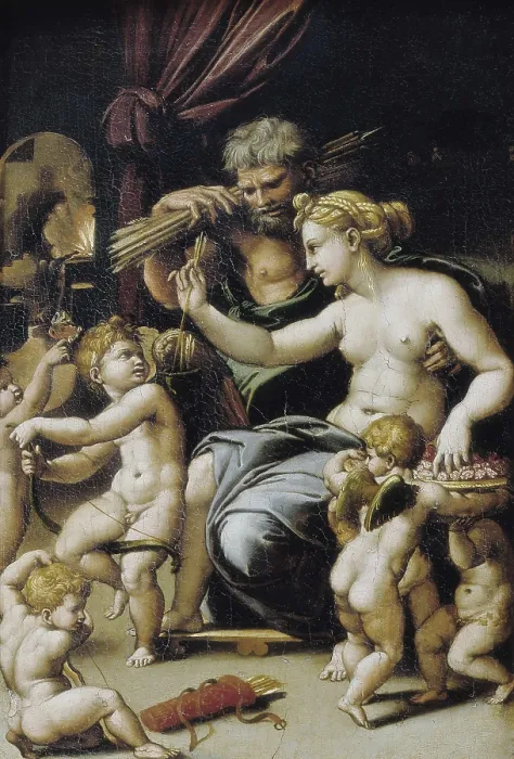 Framed Print : ROMANO, Giulio, Workshop of. Venus and Vulcan. ca. 1530. Renaissance art. Cinquecento. Roman school. Oil on wood. FRANCE. Paris. Louvre Museum