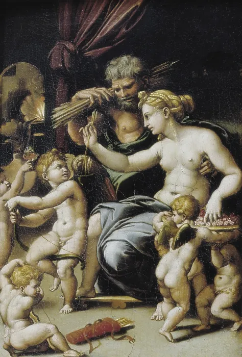 Framed Print : ROMANO, Giulio, Workshop of. Venus and Vulcan. ca. 1530. Renaissance art. Cinquecento. Roman school. Oil on wood. FRANCE. Paris. Louvre Museum