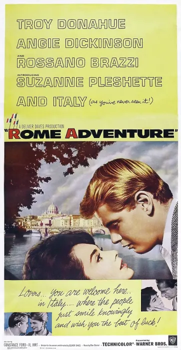 Framed Print : ROME ADVENTURE, US poster, from left: Suzanne Pleshette, Troy Donahue, 1962