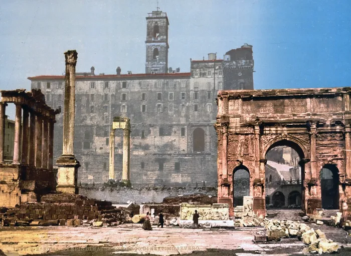 Framed Print : Rome, The Column of Phocas and the Arch of Septimius Severus in the Roman Forum, Rome, Italy; color photochrom ca 1890s Framed Print : Rome, The Column of Phocas and the Arch of Septimius Severus in the Roman Forum, Rome, Italy; color photochrom ca 1890s