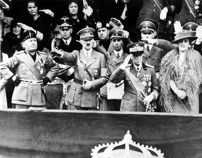 Framed Print : ROME, ITALY: Premier Benito Mussolini (left) views a parade of Italian might with (left to right) his guest Adolf Hitler, King Victor Emmanuel, and Queen Elena, in Rome, 1938