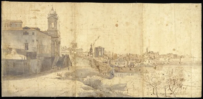 Framed Print : Rome from Trinit dei Monti, by Gaspar Van Wittel also known as Gaspare Vanvitelli, 1681, 17th Century, pen, ink and colored watercolor on paper - Italy, Lazio, Rome
