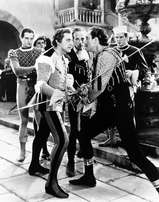 Framed Print : ROMEO AND JULIET, from left, Reginald Denny, John Barrymore, Leslie Howard, Basil Rathbone, 1936
