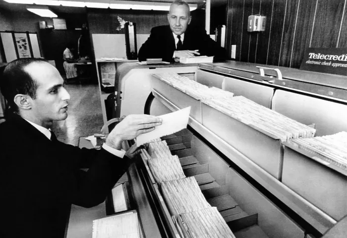Framed Print : Ron Satz, a 25-year old business school graduate, founded Telecredit, an electronic check approval service
