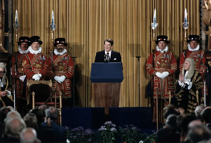 Framed Print : Ronald Reagan. President Reagan addressing the British Parliament, House of Commons, (the Ash Heap of History speech) London, England.June 1982 Framed Print : Ronald Reagan. President Reagan addressing the British Parliament, House of Commons, (the Ash Heap of History speech) London, England.June 1982