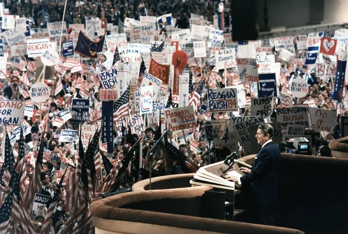 Framed Print : Ronald Reagan. President Reagan giving his Acceptance Speech at the Republican National Convention, Dallas, TX. August 23, 1984