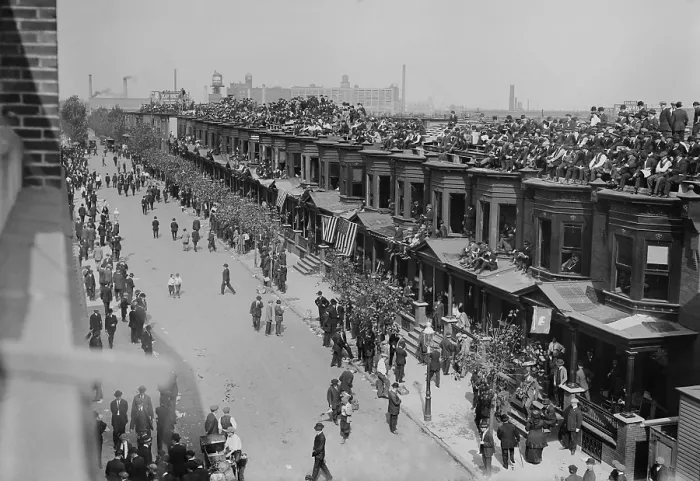 Framed Print : From the roofs of row houses, fans watch the World Series game at Shibe Park, Philadelphia, Oct. 9, 1914