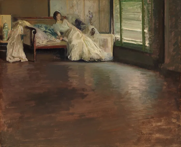 Framed Print : ACROSS THE ROOM, by Edmund Charles Tarbell, 1899, American painting, oil on canvas. A reclining young woman is painted from across a wide, polished floor