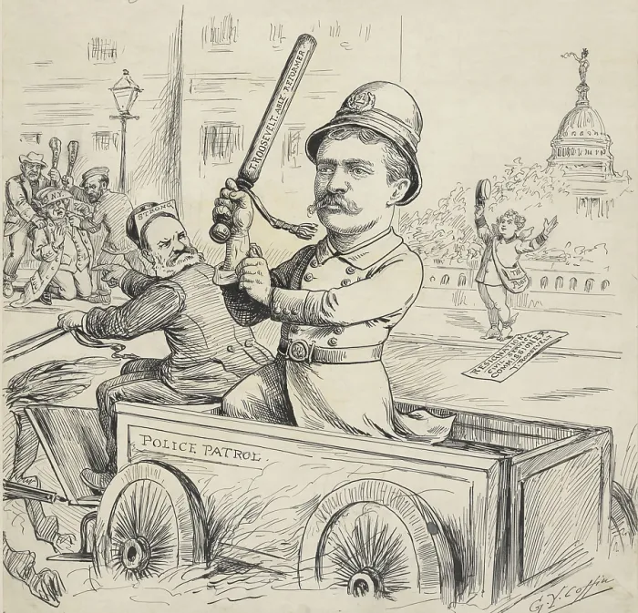 Framed Print : A ROOSEVELT TO THE RESCUE, cartoon by George Yost Coffin, May 5, 1895