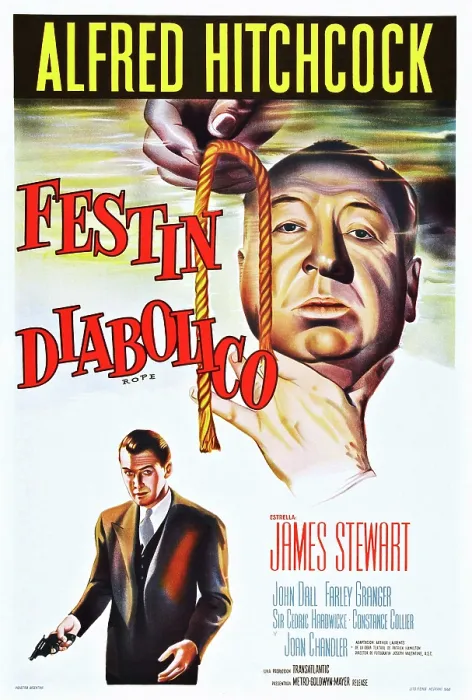 Framed Print : ROPE, (aka FESTIN DIABOLICO), top: Alfred Hitchcock, bottom: James Stewart on Argentinean poster art, 1948