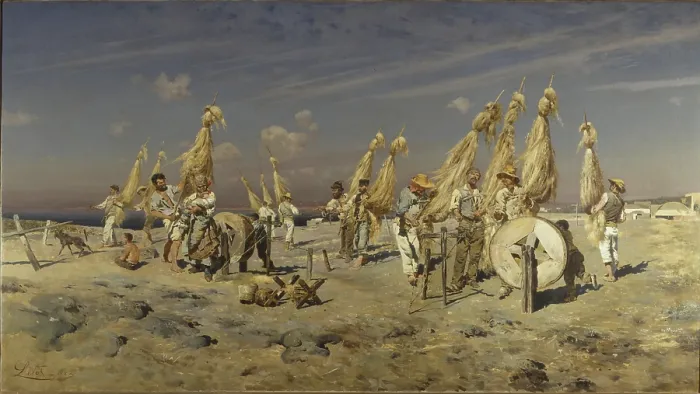 Framed Print : The Ropemakers of Torre del Greco (I funari di Torre del Greco), by Antonino Leto, 1883, 19th Century, oil on canvas, 100 x 180 cm - Whole artwork view