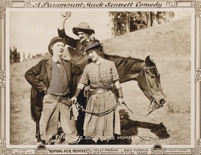 Framed Print : ROPING ROMEO, l-r: Ben Turpin, Slim Summerville, Polly Moran on lobbycard, 1917