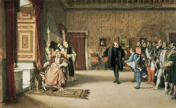 Framed Print : ROSALES, Eduardo (1836-1873). The Presentation of de Don Juan de Austria to Charles V in Yuste. 1869. Oil on canvas. SPAIN. Madrid. Reina Sofia Art Centre National Museum