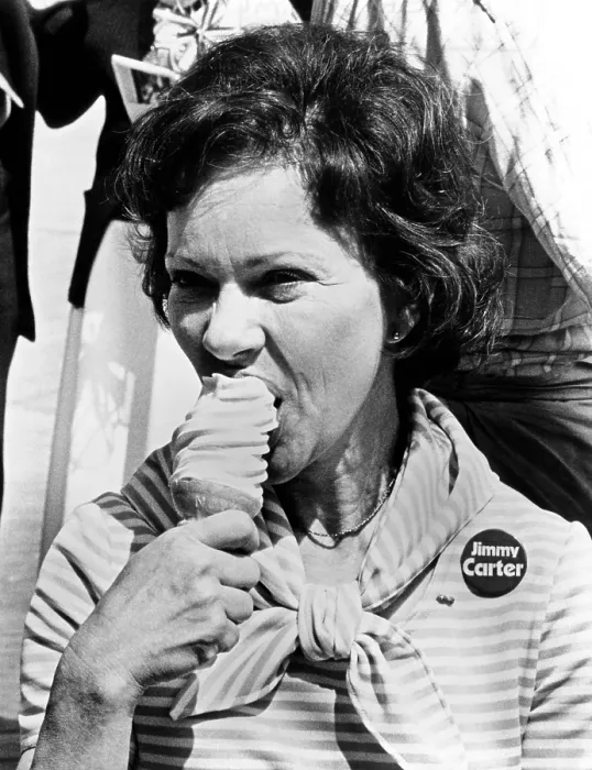 Framed Print : Rosalynn Carter enjoys an ice cream cone while campaigning. She is in Atlantic City, where her husband, Jimmy Carter received the 1976 Democratic Presidential nomination