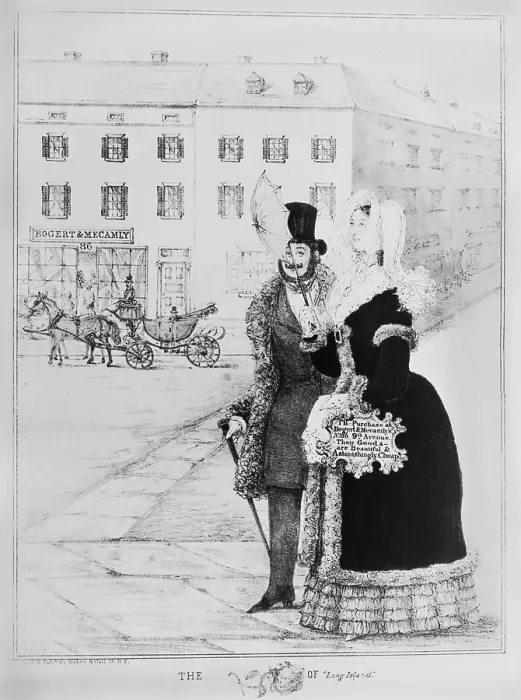 Framed Print : THE ROSE OF LONG ISLAND, a 1840 advertisement, features 19 year old socialite, Julia Gardiner. She holds a sign that reads, Ill purchase at Bogert and Mecamlys