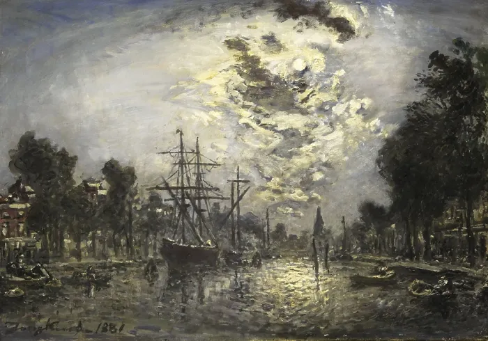 Framed Print : Rotterdam Moonlight, by Johan Barthold Jongkind, 1881, Impressionist Dutch Painting, oil on canvas. Canal in Rotterdam as the moon breaks through the clouds