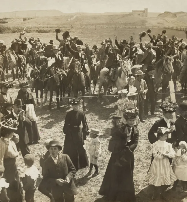 Framed Print : Rough Riders, Span-Amer. War veterans, greet President Theodore Roosevelts western tour train. Edgemont, South Dakota, April 1903 (BSLOC_2017_4_72)