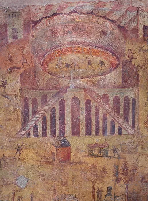Framed Print : Roughhouse in the Amphitheatre, by unknown artist, 59-79, 1st Century A.D. ripped fresco, 170 x 185 cm - Italy, Campania, Naples, National Archaeological Museum, Room LXXVIII Framed Print : Roughhouse in the Amphitheatre, by unknown artist, 59-79, 1st Century A.D. ripped fresco, 170 x 185 cm - Italy, Campania, Naples, National Archaeological Museum, Room LXXVIII