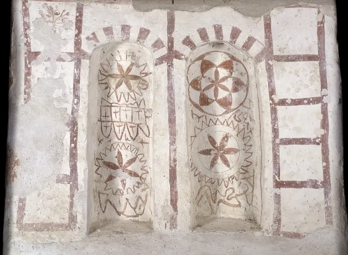 Framed Print : Round and Crossed Patterns, by Unknown Artist, 925 - 950, 10th Century, fresco - Italy, Lombardy, Gemonio, Church of Saints Peter and Paul. Detail Framed Print : Round and Crossed Patterns, by Unknown Artist, 925 - 950, 10th Century, fresco - Italy, Lombardy, Gemonio, Church of Saints Peter and Paul. Detail