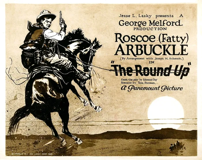 Framed Print : THE ROUND-UP, Roscoe Fatty Arbuckle on Title card to lobby card set, 1920