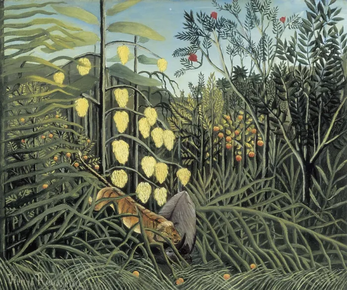 Framed Print : Rousseau, Henri (1844-1910). In a Tropical Forest. Struggle between Tiger and Bull. 1908 - 1909. Naive art. ; Post-Impressionism. Oil on canvas. RUSSIA. Saint Petersburg