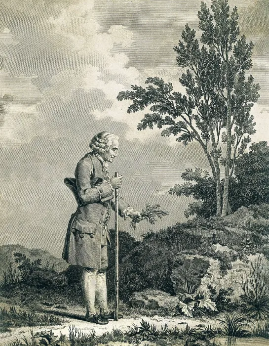 Framed Print : Rousseau, Jean-Jacques (1712-1778). Rousseau Gathering Herbs at Ermenonville. Engraving. FRANCE. PICARDY. OISE. Ermenonville. FRANCE. Paris. Muse Carnavalet (Carnavalet Museum)