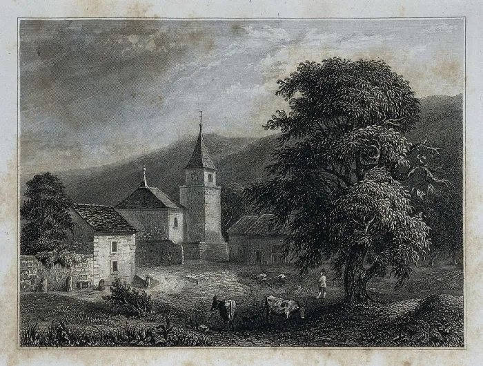 Framed Print : Rousseau, Jean-Jacques (1712-1778). Presbytery of Bossey, place where Rousseau studied between 1722-1724 at the school of the Minister Lambercier. Engraving of 1852. Engraving