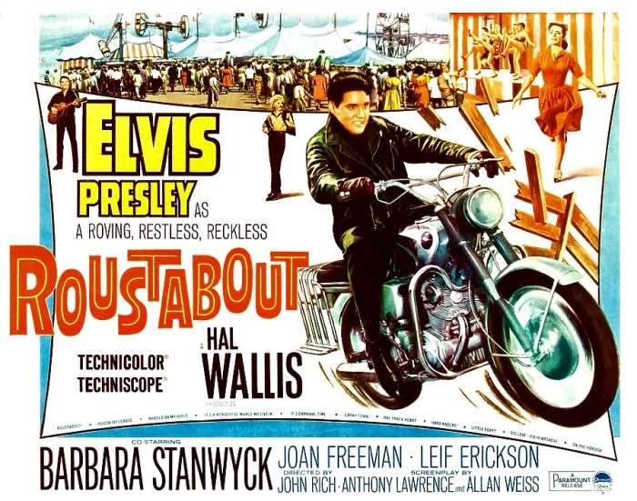 Framed Print : ROUSTABOUT, Elvis Presley (on motorcycle); Barbara Stanwyck (background center, yellow shirt); Joan Freeman (woman upper right, red dress), 1964