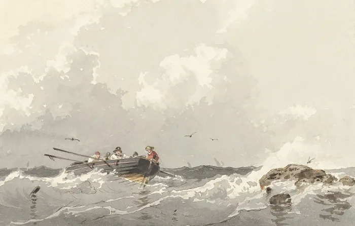Framed Print : Row Boat at Sea, by Frans Arnold Breuhaus de Groot, ca. 1840-70, Dutch watercolor. Five seamen in small boat near a rock (BSLOC_2016_2_36)