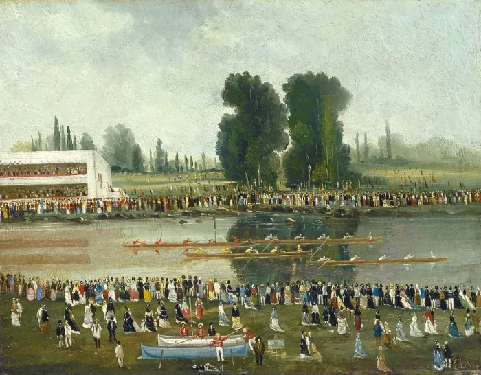 Framed Print : Rowing Scene: Crowds Watching from the River Banks, by E. Levy, c. 1880-99, French Nave painting, oil paint on wood (BSLOC_2016_6_112)