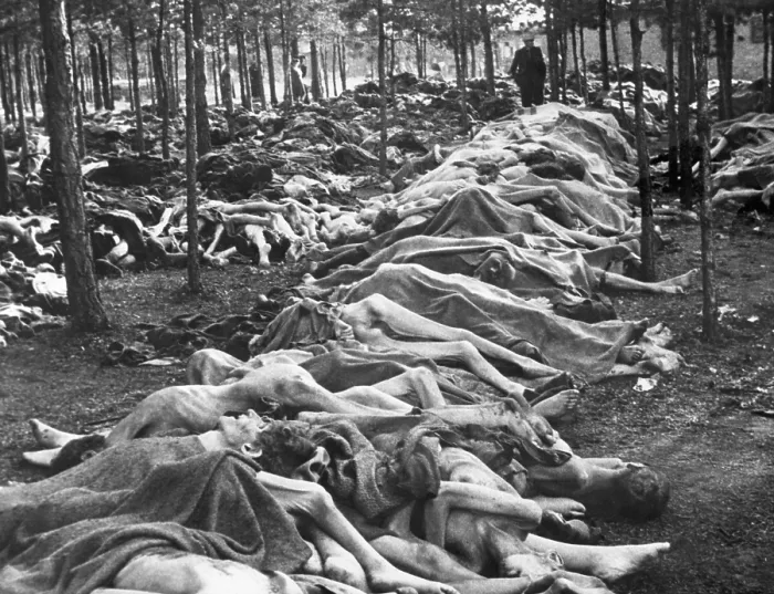 Framed Print : Rows of bodies at Nazi-German Belsen Concentration Camp on April 15, 1945