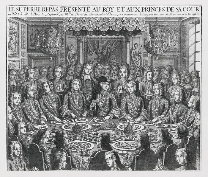 Framed Print : Royal banquet to celebrate the birth of Dauphin Louis XVII, 1729. Engraving. - Iberfoto / Everett Collection (128741)**US SALES ONLY**
