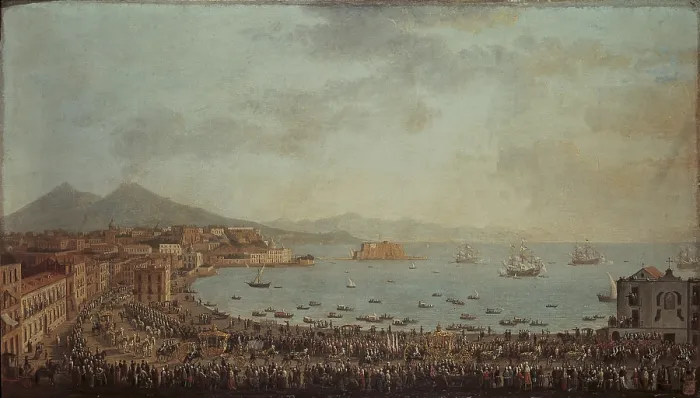 Framed Print : Royal Procession in Piedigrotta (Corteo reale a Piedigrotta), by Antonio Joli, 18th Century, oil on canvas - Whole artwork view