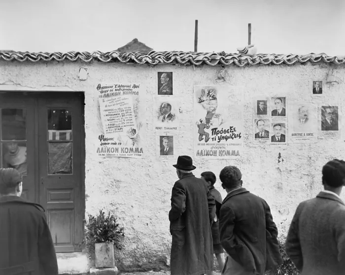 Framed Print : Royalists political posters plastered on the outside wall of a tavern. Athens, Greece, March 31, 1946. - (BSLOC_2014_15_222) Framed Print : Royalists political posters plastered on the outside wall of a tavern. Athens, Greece, March 31, 1946. - (BSLOC_2014_15_222)