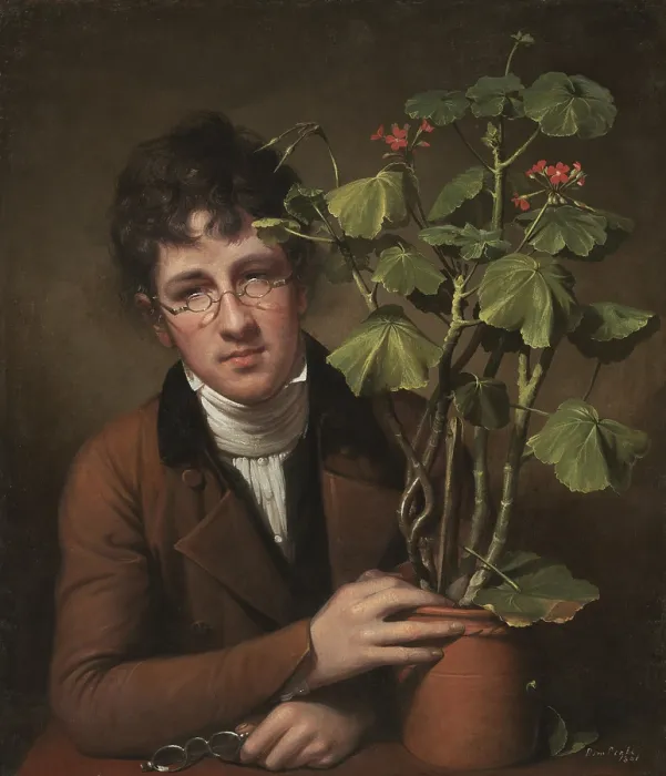 Framed Print : Rubens Peale with a Geranium, by Rembrandt Peale, 1801, American painting, oil on canvas. 23 year old artist Rembrandt Peale painted his botanist brother, 17 year old Rubens