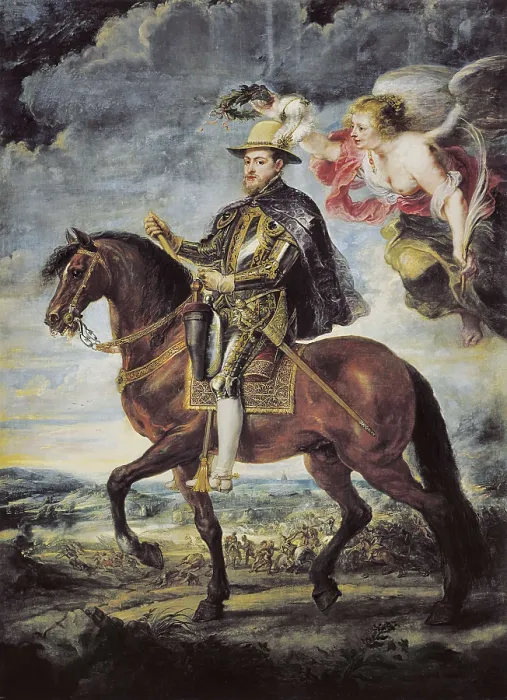 Framed Print : RUBENS, Peter Paul (1577-1640). Philip II Crowned by Victory. 1628. Representation of the victorious king, in the background a scene of the Battle of Saint Quentin. Flemish art