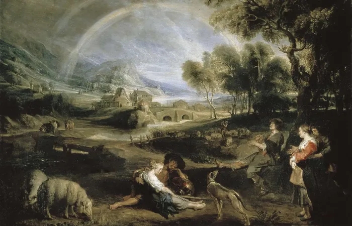 Framed Print : RUBENS, Peter Paul (1577-1640). Landscape with a Rainbow. ca. 1630 - 1635. Flemish art. Oil on canvas. RUSSIA. Saint Petersburg. State Hermitage Museum