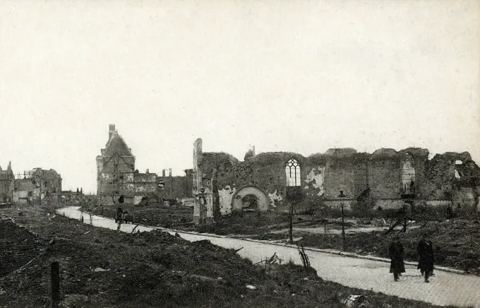 Framed Print : Rue de Lille. World War I- Postcard shows a street in Lille, France, with a ruined cathedral and other buildings, from a book of postcards titled 'Ruines d'Ypres'