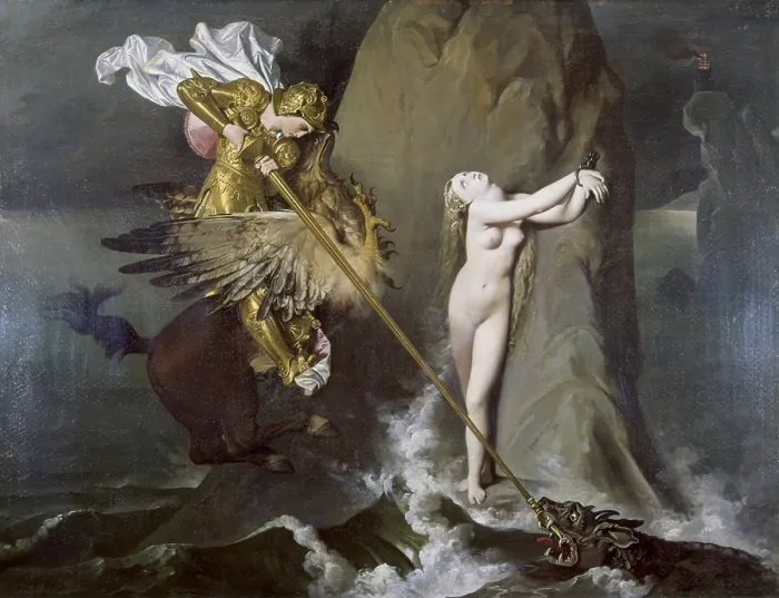 Framed Print : Ruggiero frees Angelica (Roger dlivrant Anglique), by Jean Auguste Dominique Ingres, 1819, 19th Century, oil on canvas, 147 x 199 cm - France, Paris, Louvre. Whole artwork view Framed Print : Ruggiero frees Angelica (Roger dlivrant Anglique), by Jean Auguste Dominique Ingres, 1819, 19th Century, oil on canvas, 147 x 199 cm - France, Paris, Louvre. Whole artwork view