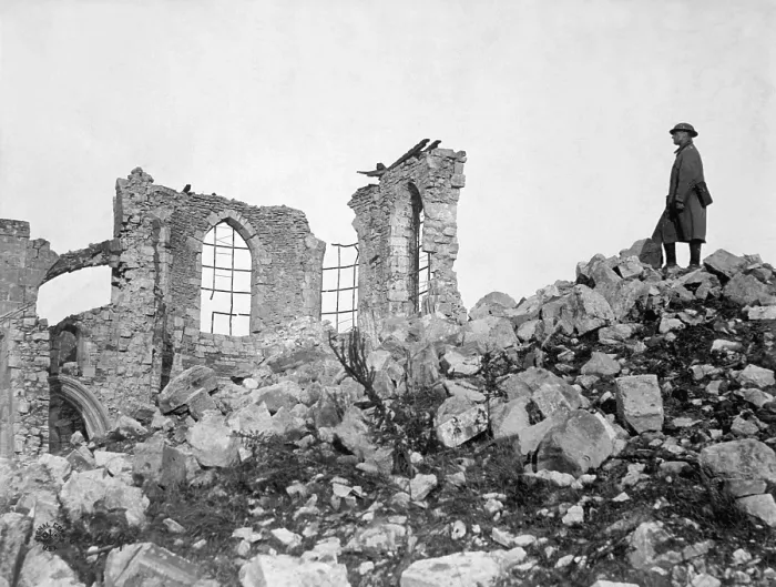 Framed Print : Ruined medieval church in Montfaucon, France. The U.S. Army drove the Germans out during the Meuse-Argonne Offensive in World War I. Sept. 26, 1918 to Nov. 11, 1918