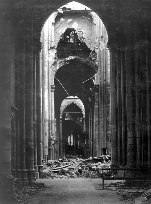 Framed Print : Ruins of the Cathedral of St. Quentin, France. The piers and pointed arches of the central nave were still standing after four years in the fighting zone of World War I