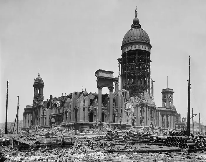 Framed Print : Ruins of City Hall after the, April 18, 1906 San Francisco, earthquake and 3-day fire. At lower right are sections of new water pipes to rebuild the city's infrastructure