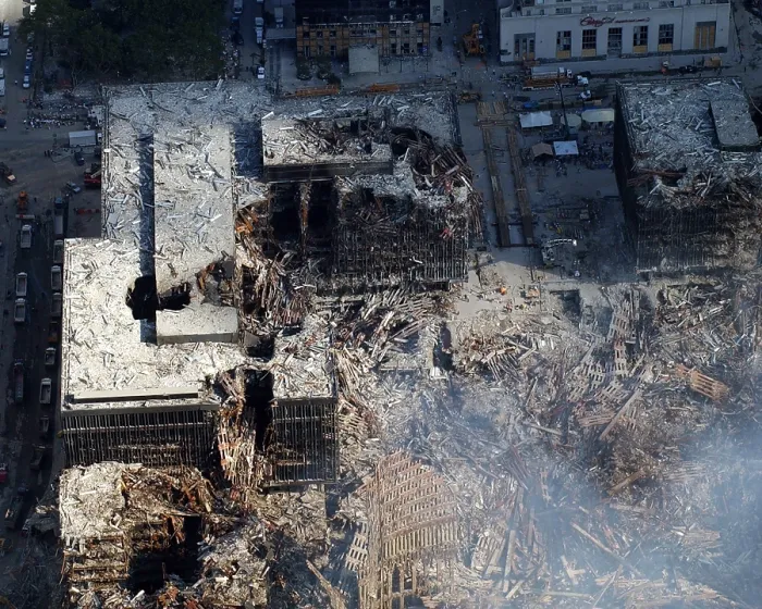 Framed Print : Ruins of the collapsed World Trade Center buildings following the 9 / 11 terrorists attacks in New York City. Sept. 19 2001, Photo by: Everett Collection