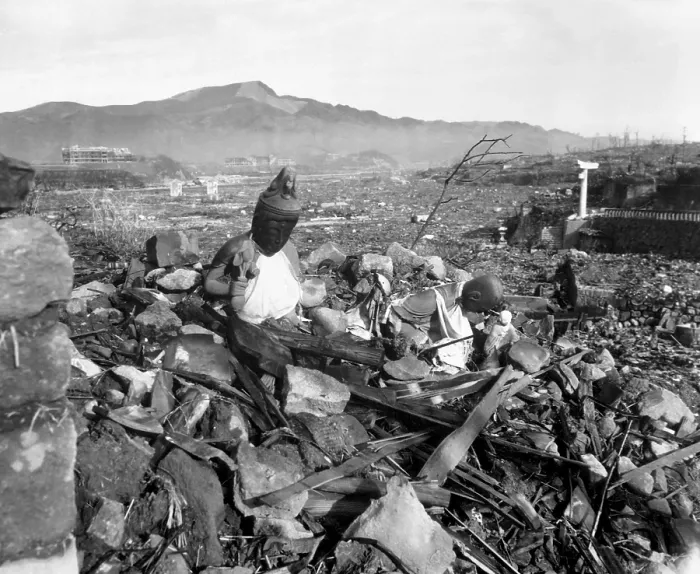 Framed Print : Ruins of Nagasaki, Japan, after atomic bombing of August 9, 1945. Battered religious figures are amid the rubble. Sept. 24, 1945. (BSLOC_2014_6_99)