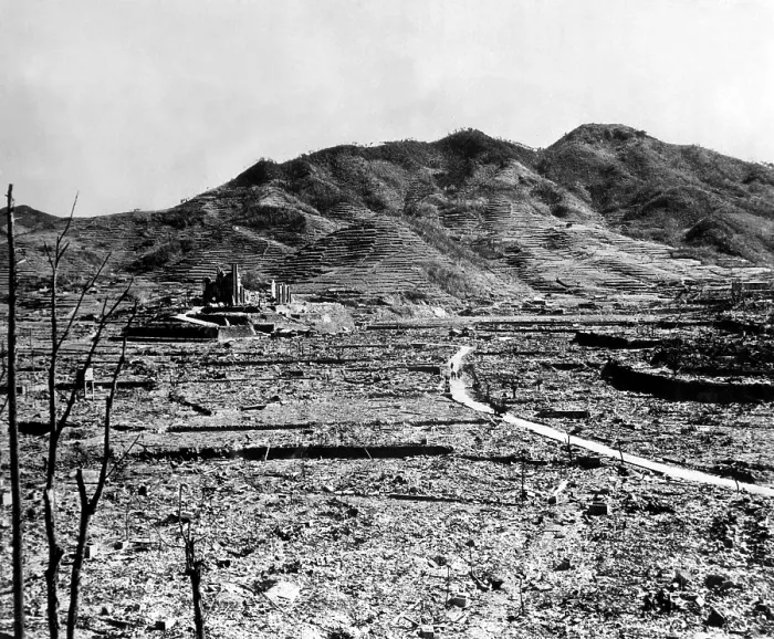 Framed Print : Ruins of Nagasaki, Japan, after atomic bombing of August 9, 1945. A Roman Catholic cathedral is on the distant hill. Ca. Sept.-Oct. 1945. (BSLOC_2014_6_98)