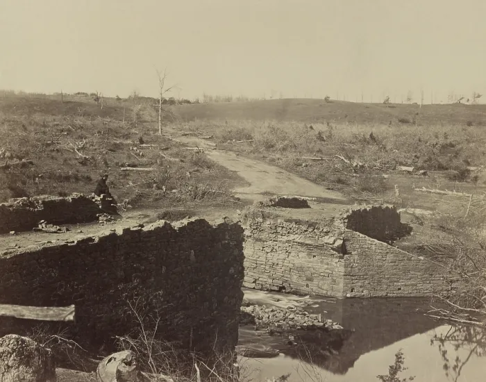 Framed Print : Ruins of the stone bridge on the Battlefield of Bull Run, in photo March 1862. This was the site of the famous rout of Union army who retreated over the bridge