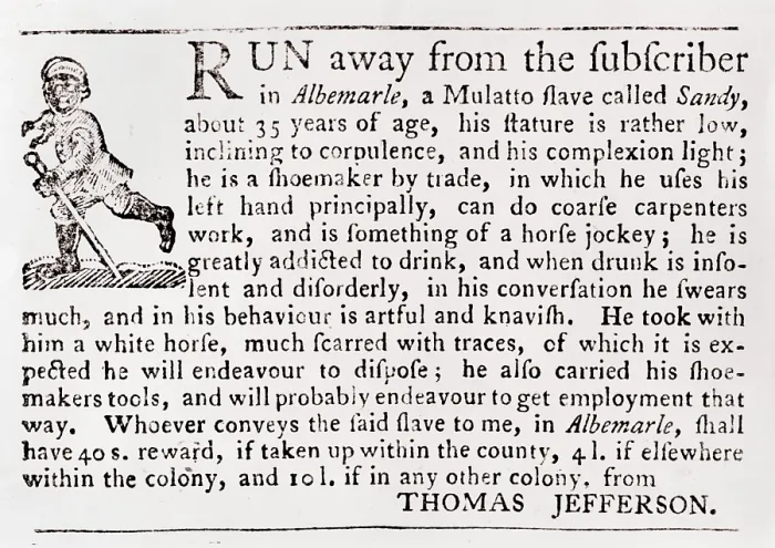 Framed Print : Runaway slave advertisement posted by Thomas Jefferson. It describes a 35 year old mulatto male, who was a shoemaker and also capable of coarse carpentry Framed Print : Runaway slave advertisement posted by Thomas Jefferson. It describes a 35 year old mulatto male, who was a shoemaker and also capable of coarse carpentry