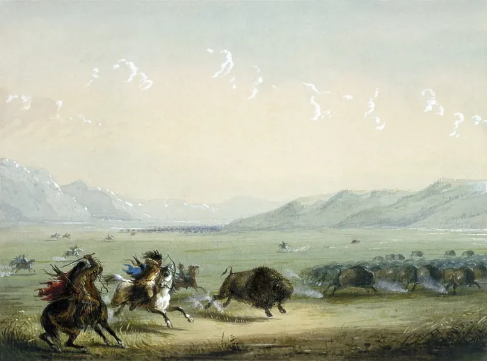 Framed Print : RUNNING BUFFALO, 1858-1860, by Alfred Jacob Miller. An Indian on a well-trained white horse has separated a bison from the herd and is aiming his arrow at the animal's heart